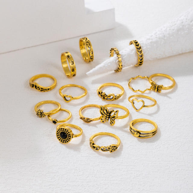 17pcs Vintage gold color butterfly stackable rings