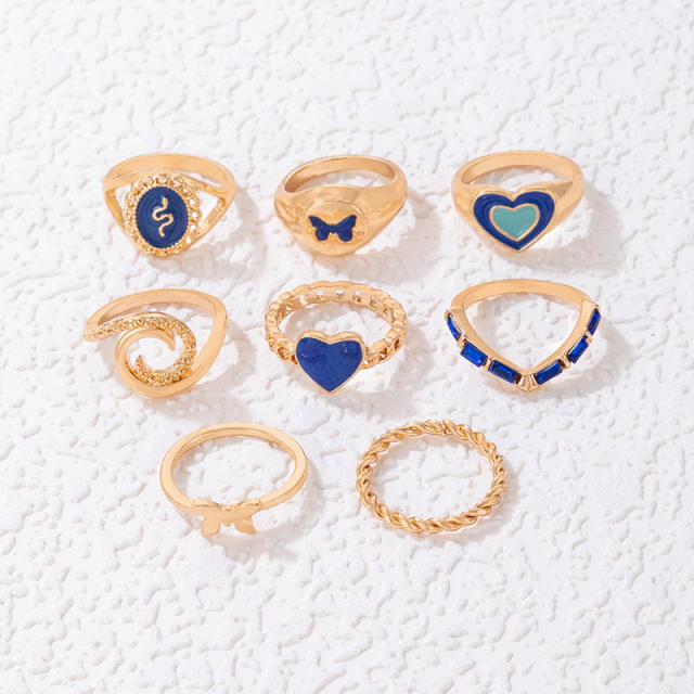 8pcs geometric heart blue color stackable rings