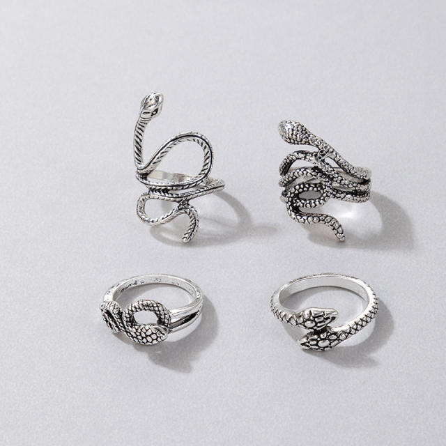 Punk trend silver color 4pcs snake stackable rings