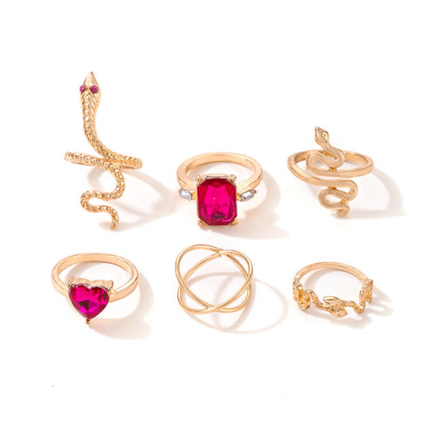 Boho rose red stone snake stackable rings