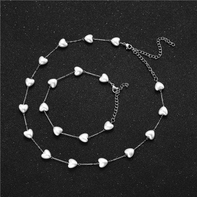 Chic design heart pearl stainless steel necklace bracelet