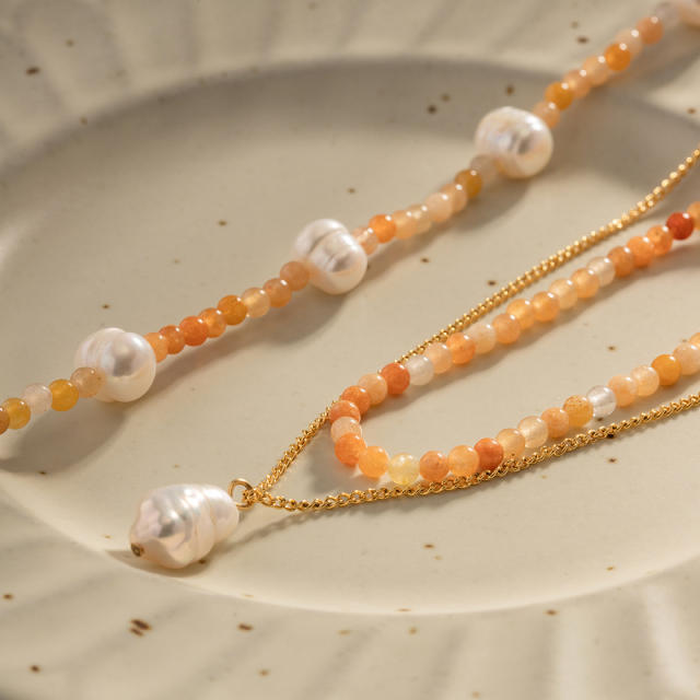 Baroque trend colorful stone beads stainless steel necklace bracelet