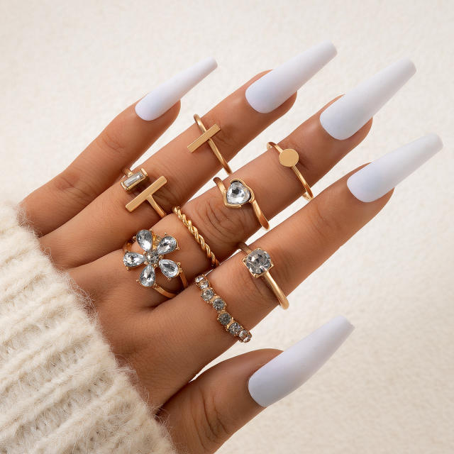 8pcs rhinestone alloy gold color stackable rings