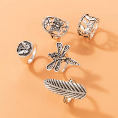 5pcs vintage silver leaf design alloy stackable rings