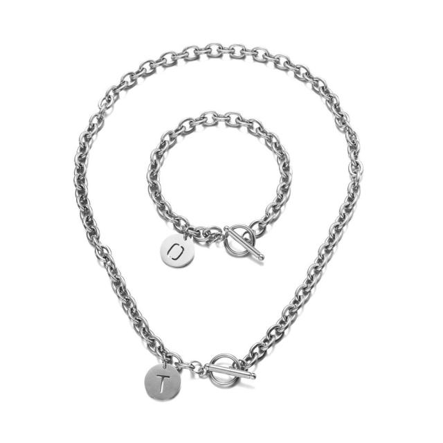 Initial coin charm stainless steel chain necklace bracelet