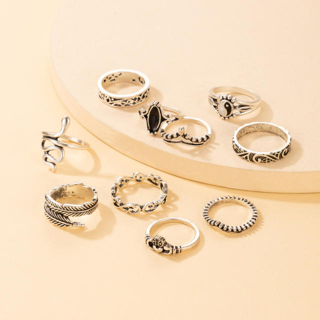 10pcs vintage silver color feather stackable rings