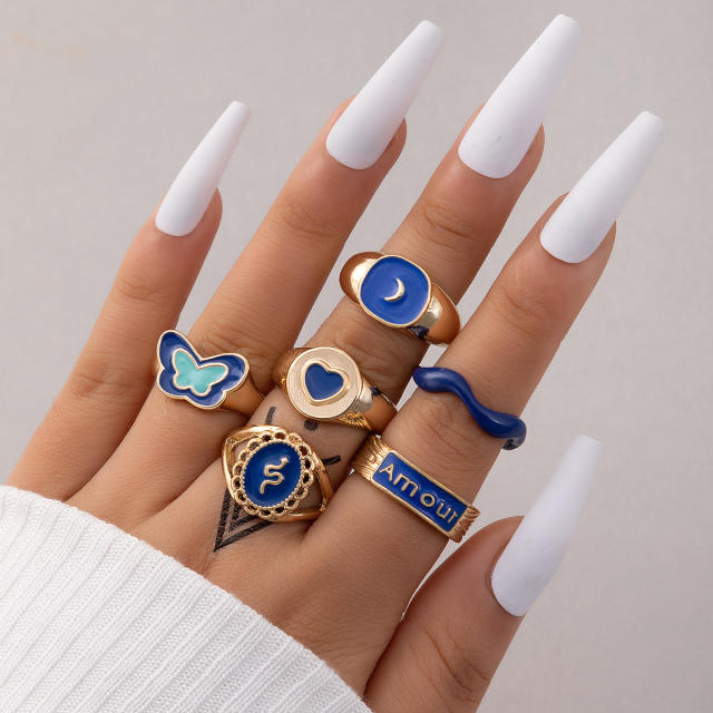6pcs blue color enamel butterfly stackable rings