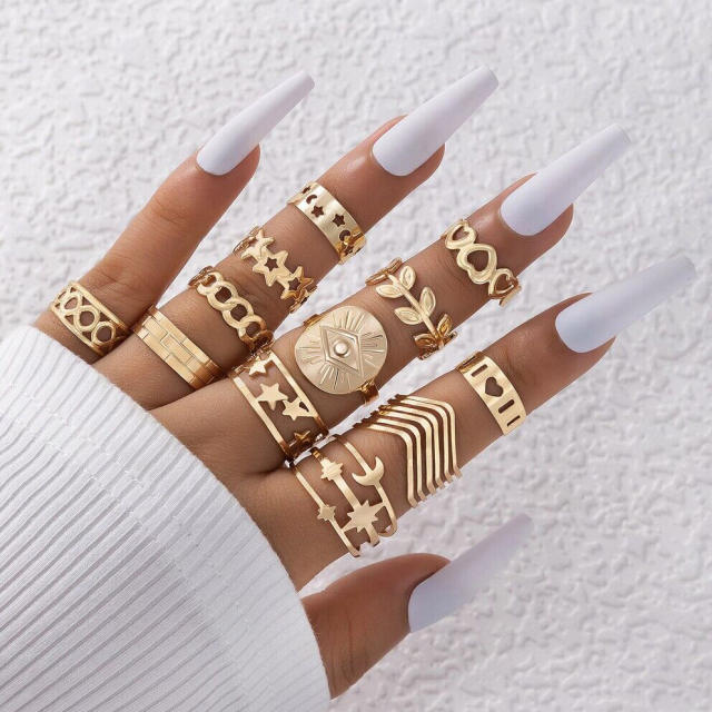 12pcs hollow leaf heart alloy stackable rings