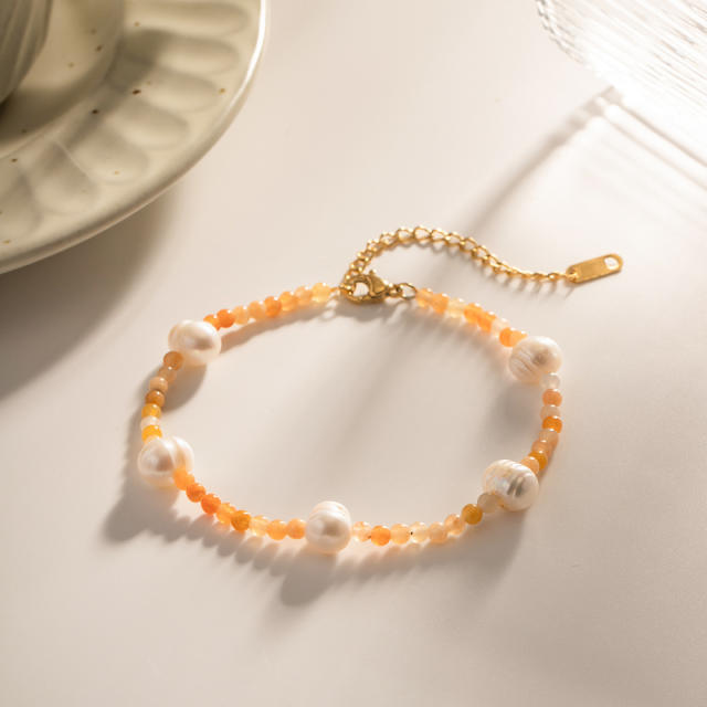 Baroque trend colorful stone beads stainless steel necklace bracelet