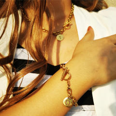 Initial coin charm stainless steel chain necklace bracelet