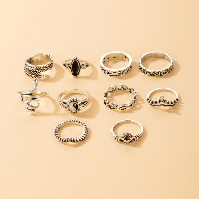 10pcs vintage silver color feather stackable rings