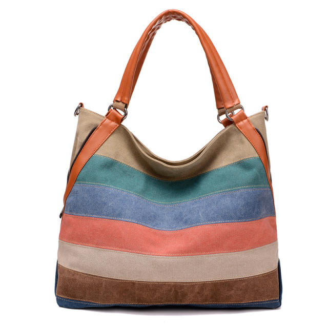 Korean fashion color stripe canvas tote bag