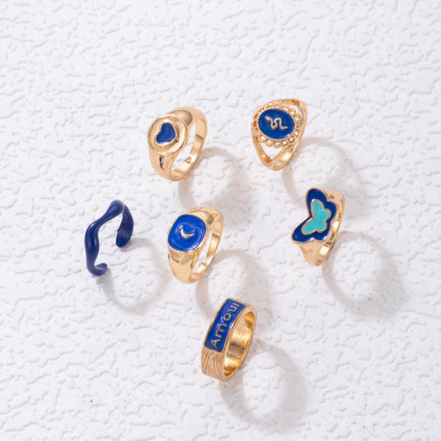 6pcs blue color enamel butterfly stackable rings
