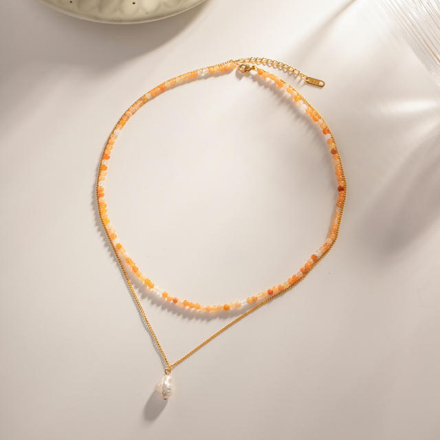Baroque trend colorful stone beads stainless steel necklace bracelet