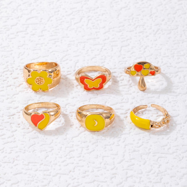 6pcs yellow color enamel flower mushroom stackable rings