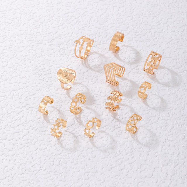 12pcs hollow leaf heart alloy stackable rings