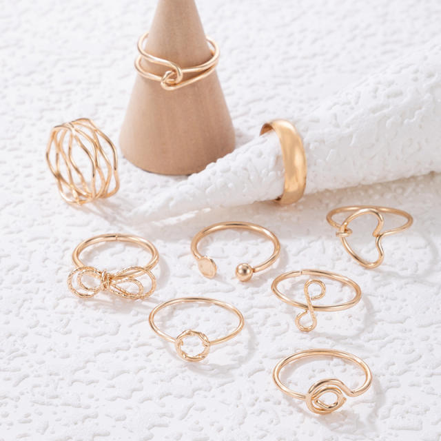 9pcs Geometric hollow heart alloy stackable rings