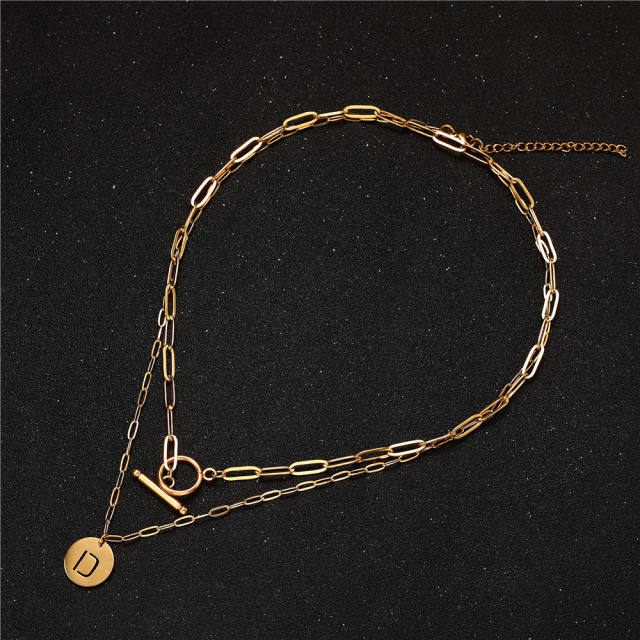 Occident fashion initial coin charm two layer stainless steel necklace