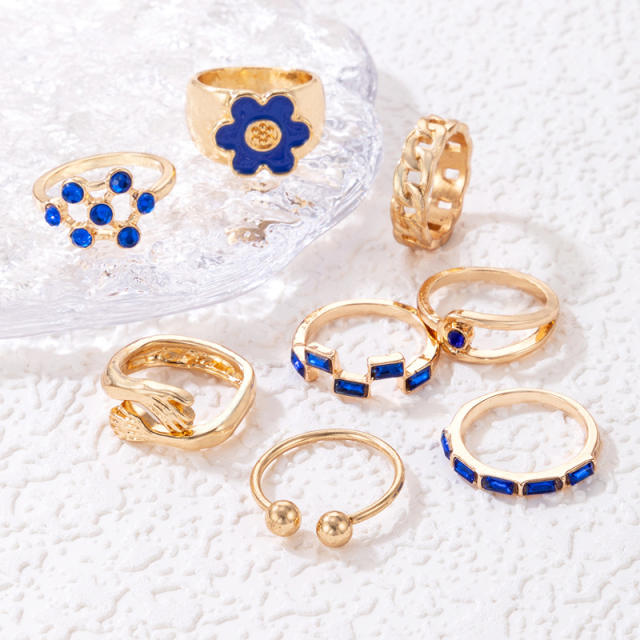 8pcs blue color enamel flower stackable rings