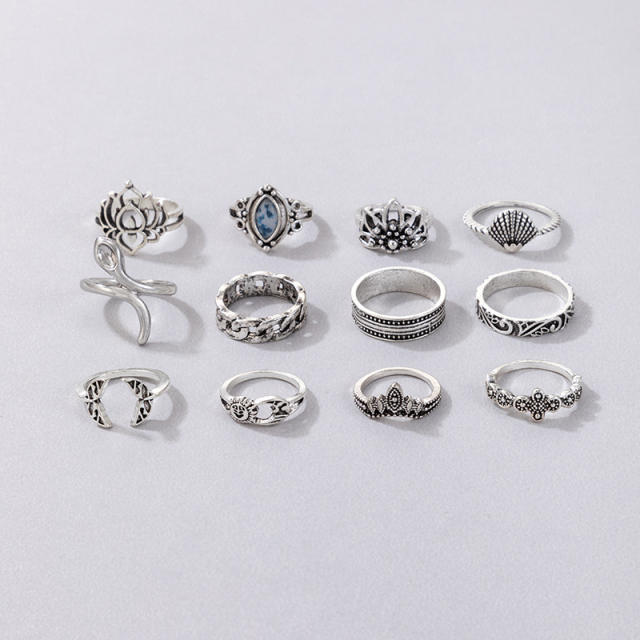 12pcs Vintage silver color alloy stackable rings