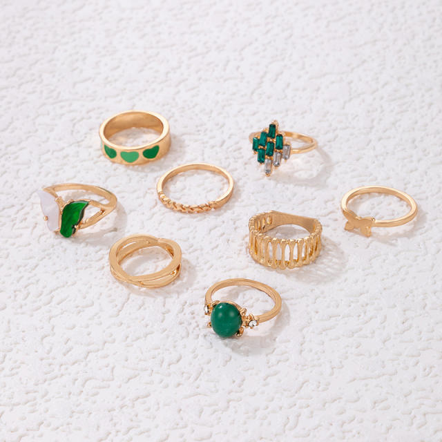 8pcs green color enamel rhinestone stackable rings