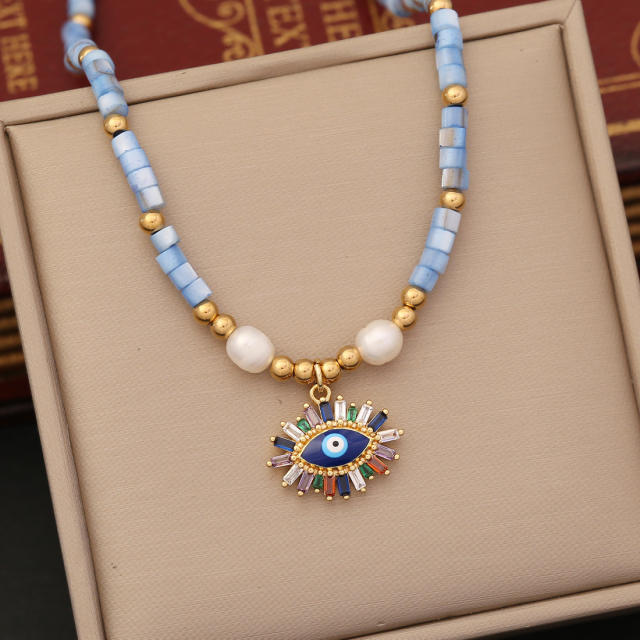 Boho colorful cubic zircon evil eye natural stone necklace