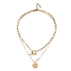 Occident fashion initial coin charm two layer stainless steel necklace