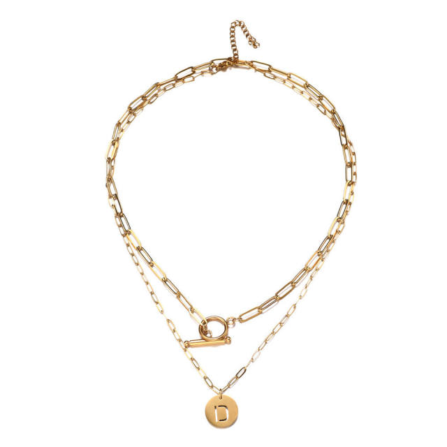 Occident fashion initial coin charm two layer stainless steel necklace