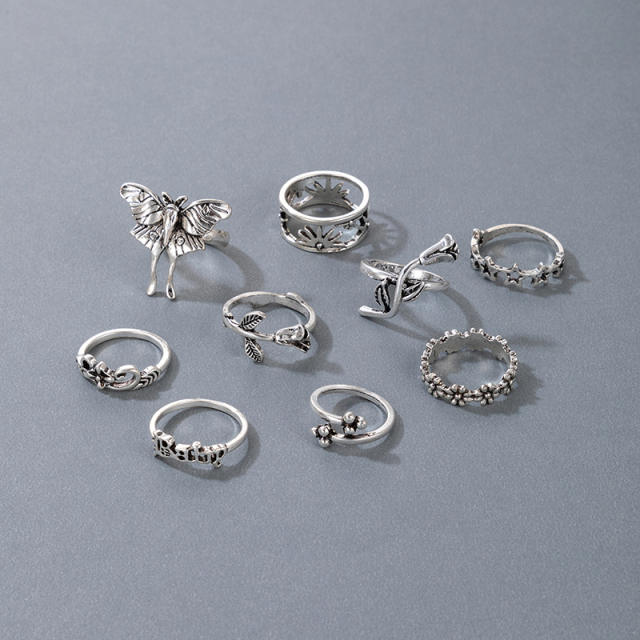 9pcs vintage silver color spider bat stackable rings