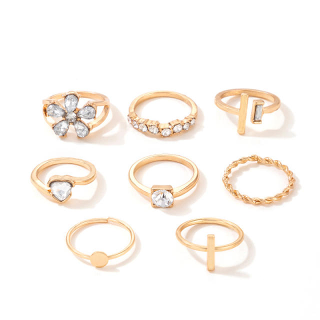 8pcs rhinestone alloy gold color stackable rings
