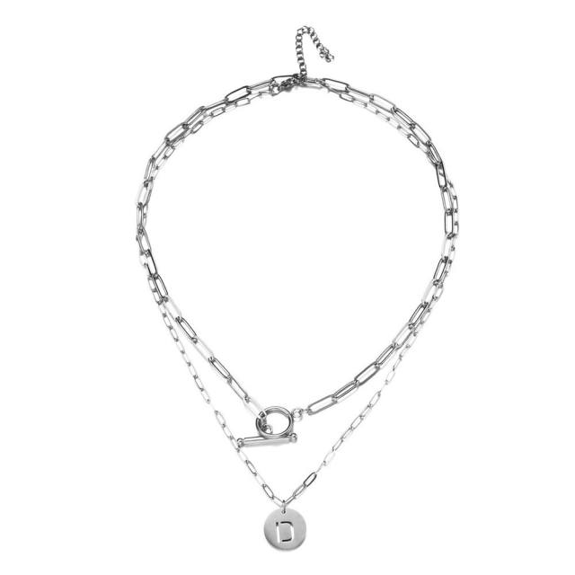 Occident fashion initial coin charm two layer stainless steel necklace