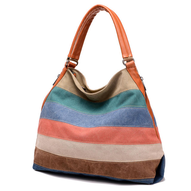 Korean fashion color stripe canvas tote bag