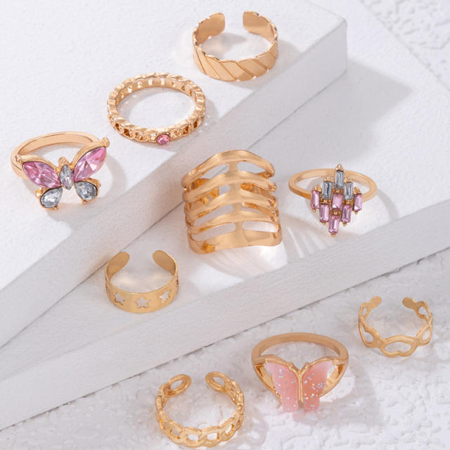 9pcs pink color rhinestone butterfly hollow stackable rings