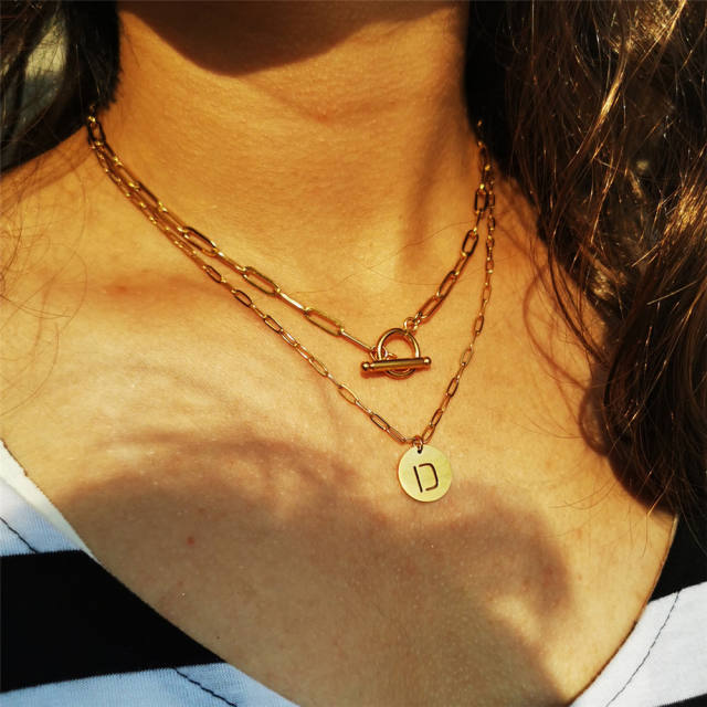 Occident fashion initial coin charm two layer stainless steel necklace