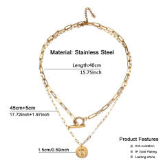 Occident fashion initial coin charm two layer stainless steel necklace