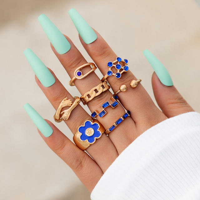 8pcs blue color enamel flower stackable rings