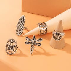 5pcs vintage silver leaf design alloy stackable rings