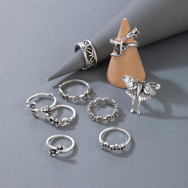 9pcs vintage silver color spider bat stackable rings