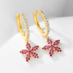 Delicate red cubic zircon flower charm copper huggie earrings
