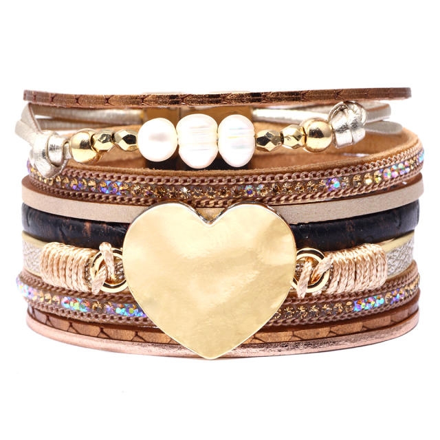 Boho alloy heart pearl beads pu leather magnetic buckle bangle