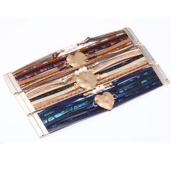Boho alloy heart pearl beads pu leather magnetic buckle bangle
