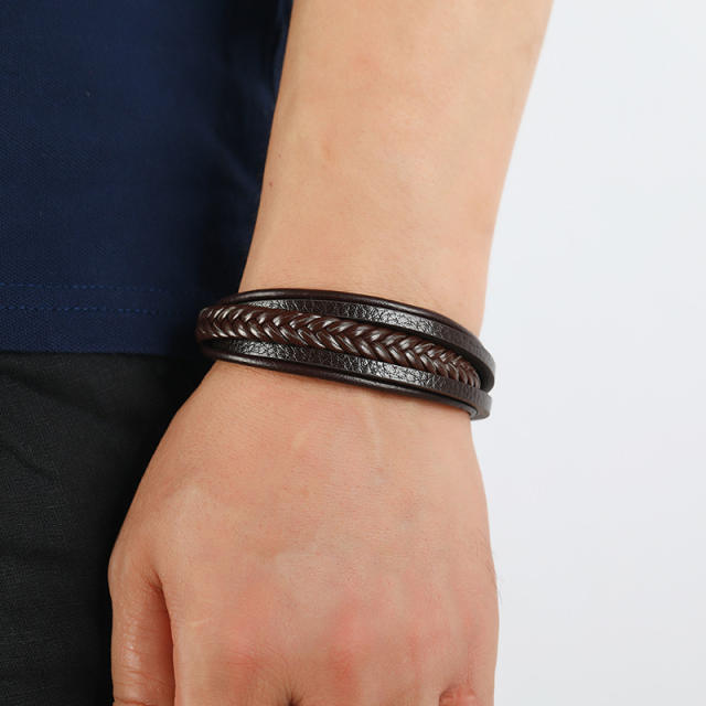 Concise easy match pu leather layer bracelet for men