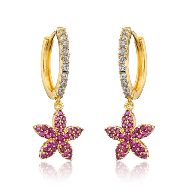 Delicate red cubic zircon flower charm copper huggie earrings