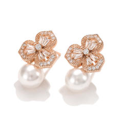 Sweet cubic zircon petal flower pearl studs earrings