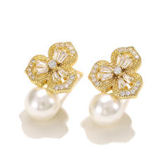 Sweet cubic zircon petal flower pearl studs earrings