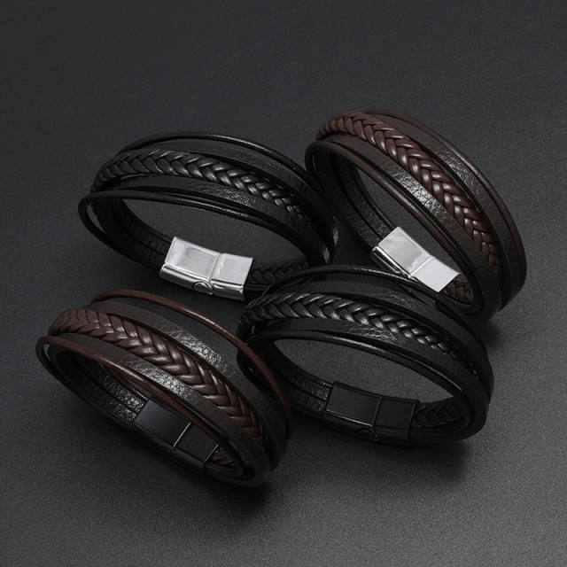 Concise easy match pu leather layer bracelet for men