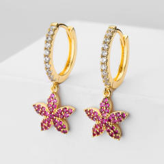 Delicate red cubic zircon flower charm copper huggie earrings