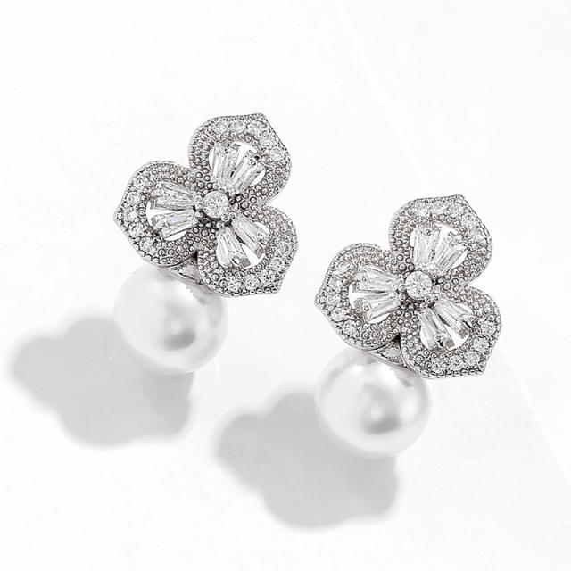 Sweet cubic zircon petal flower pearl studs earrings