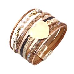 Boho alloy heart pearl beads pu leather magnetic buckle bangle