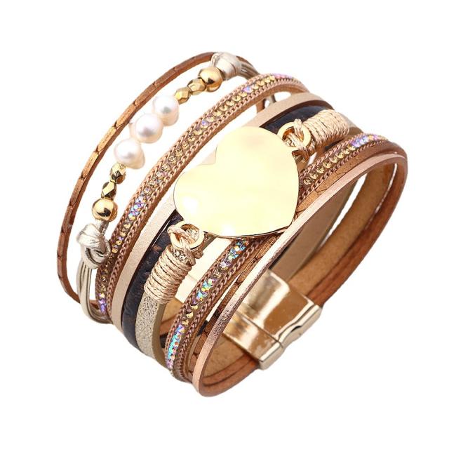 Boho alloy heart pearl beads pu leather magnetic buckle bangle